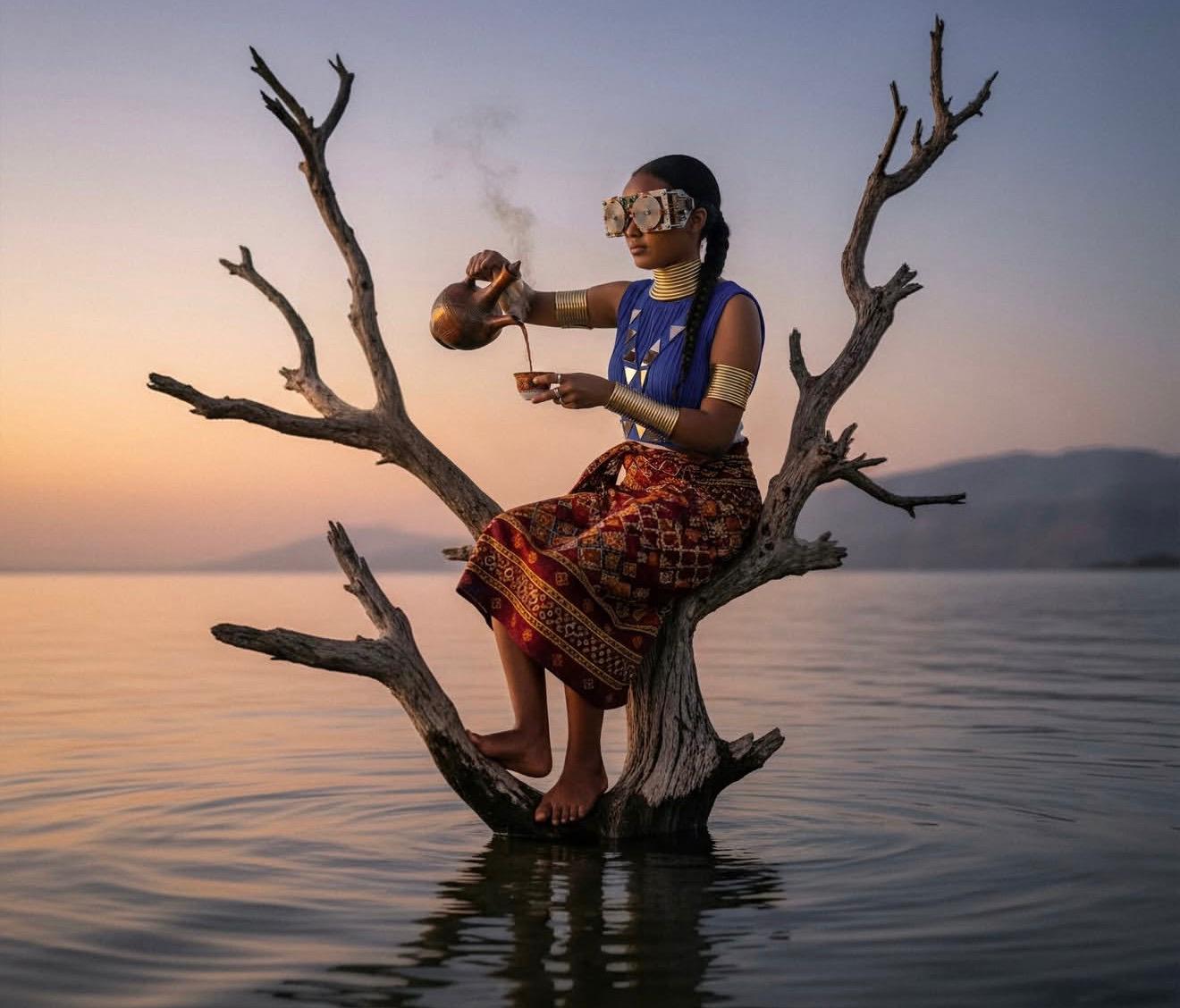 Buna ceremoney in the middle of mist lake — AI-generated surrealist art