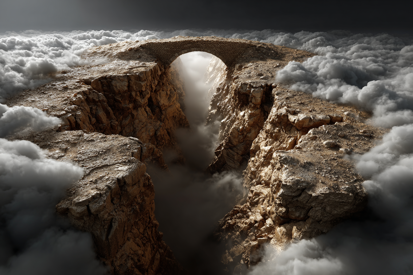 Surreal foggy gorge with light — AI-generated landscape art